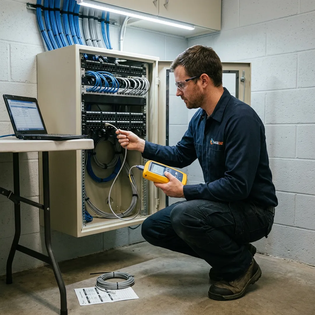 Technician testing labeled network cabling
