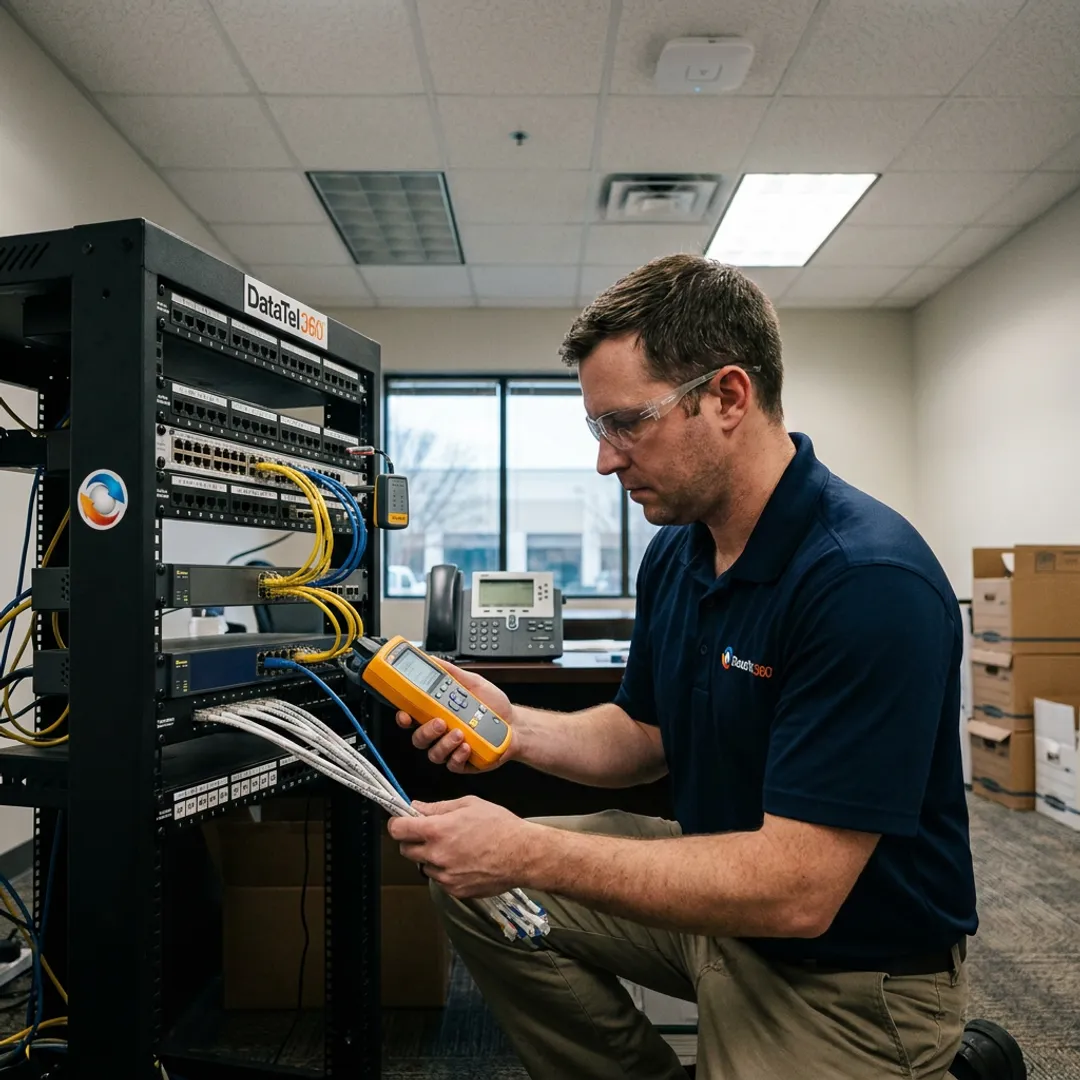 Technician testing office network equipment after relocation