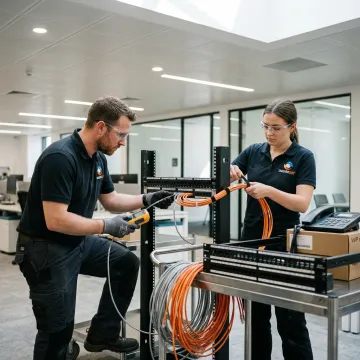 Office technology relocation team moving network equipment