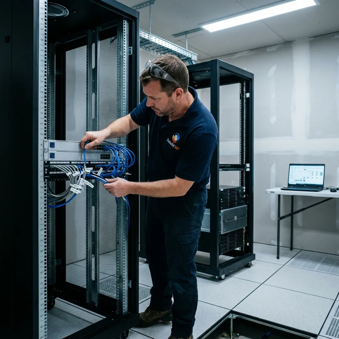 Technician reconnecting server equipment during office relocation