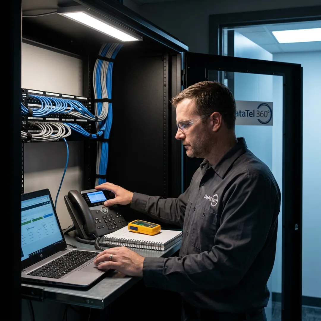 Technician configuring a small business VoIP phone system