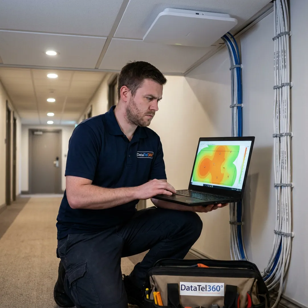Engineer testing hotel Wi-Fi coverage