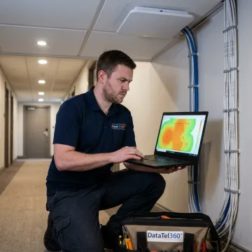 Engineer testing hotel Wi-Fi coverage
