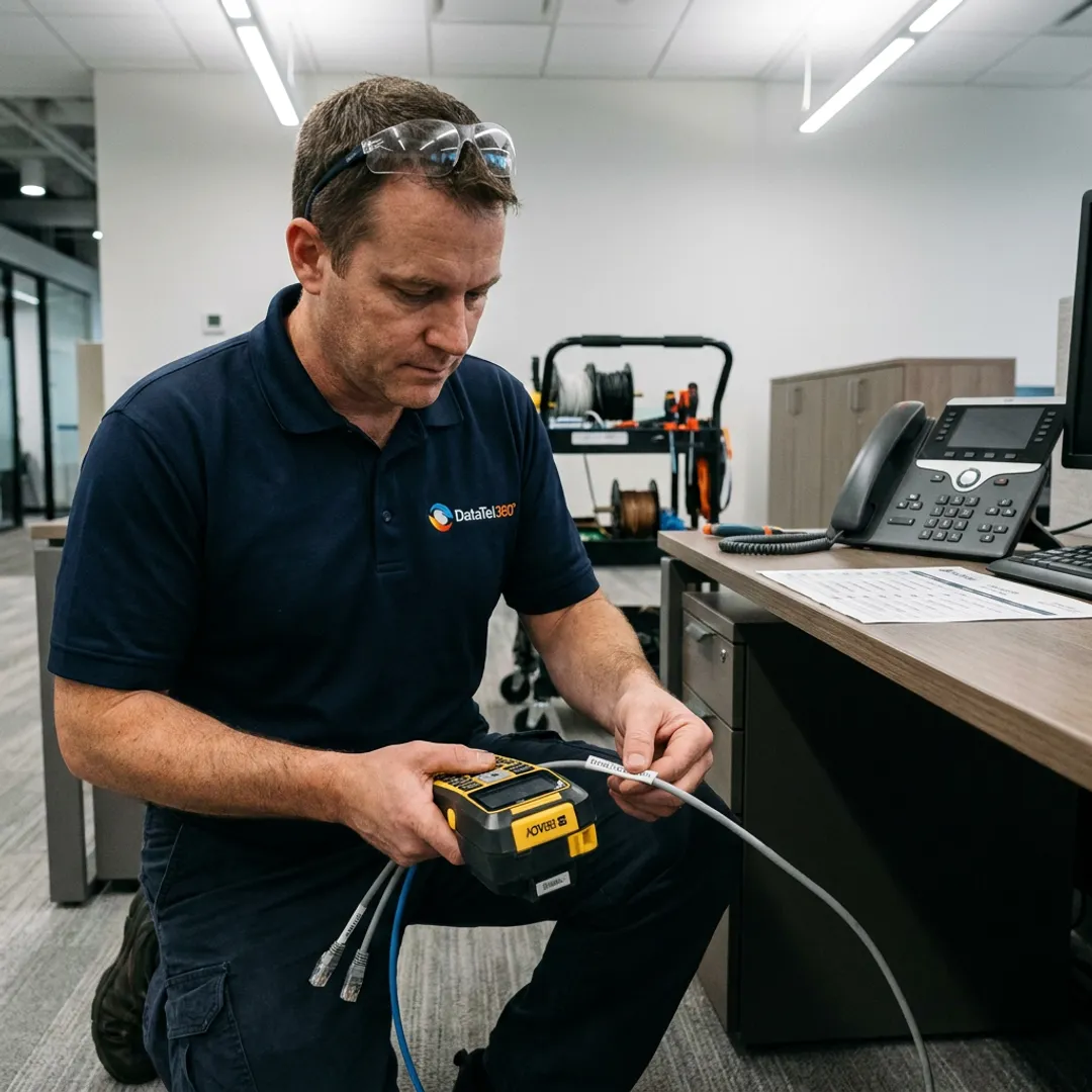 Technician labeling network equipment during office relocation