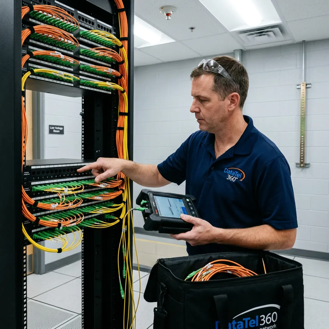 Technician testing commercial fiber optic cabling