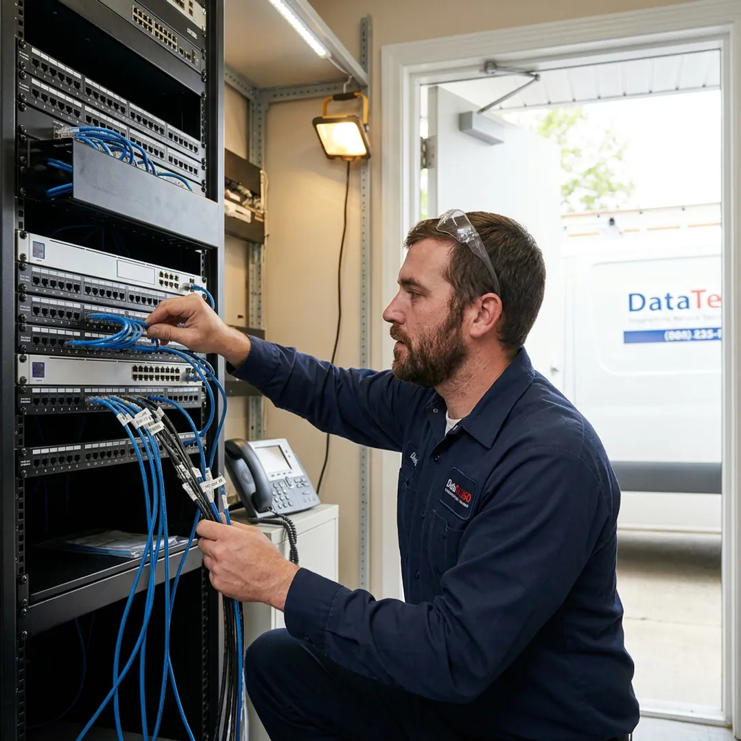 Technician reconnecting office network equipment during a relocation