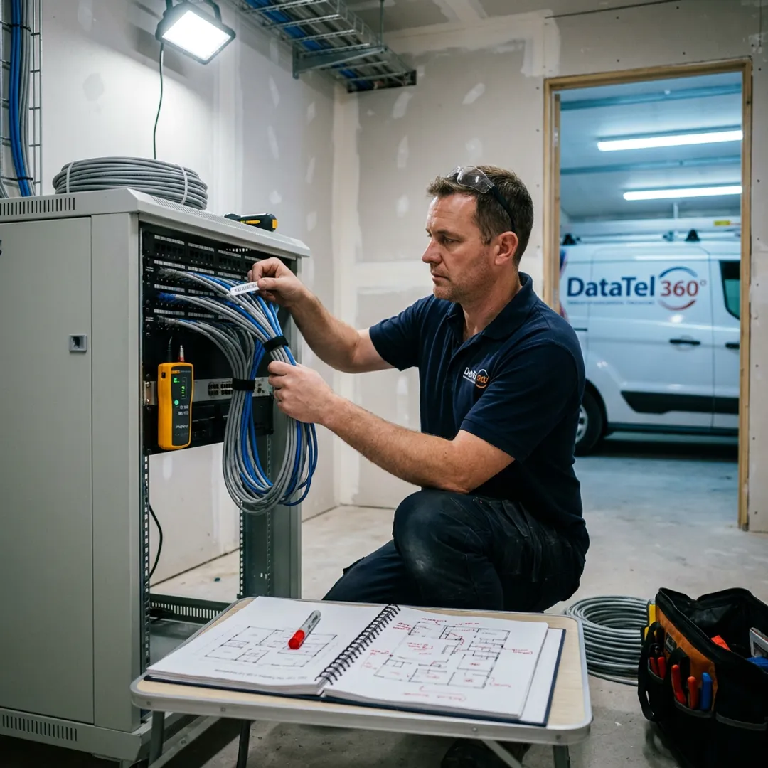 Technician testing network equipment during office move