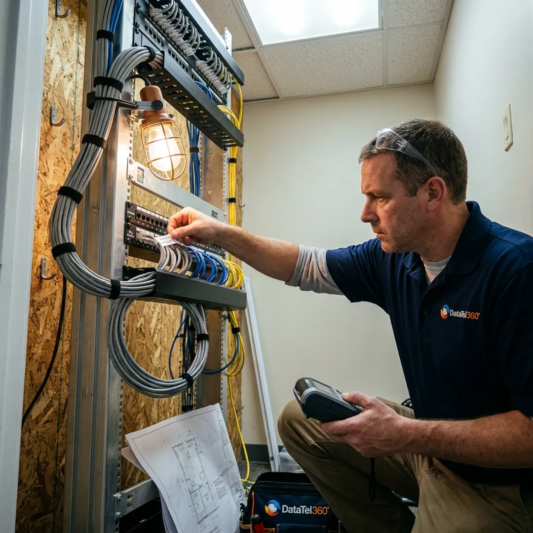 Technician preparing network equipment for office relocation