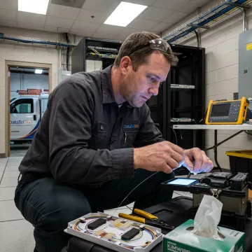Fiber optic technician performing splicing