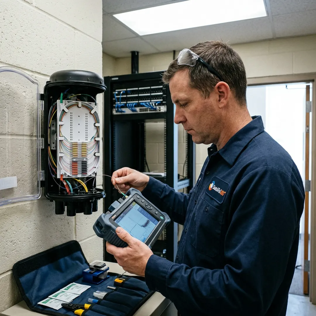 Technician testing fiber optic cable