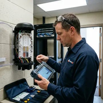 Technician testing fiber optic cable