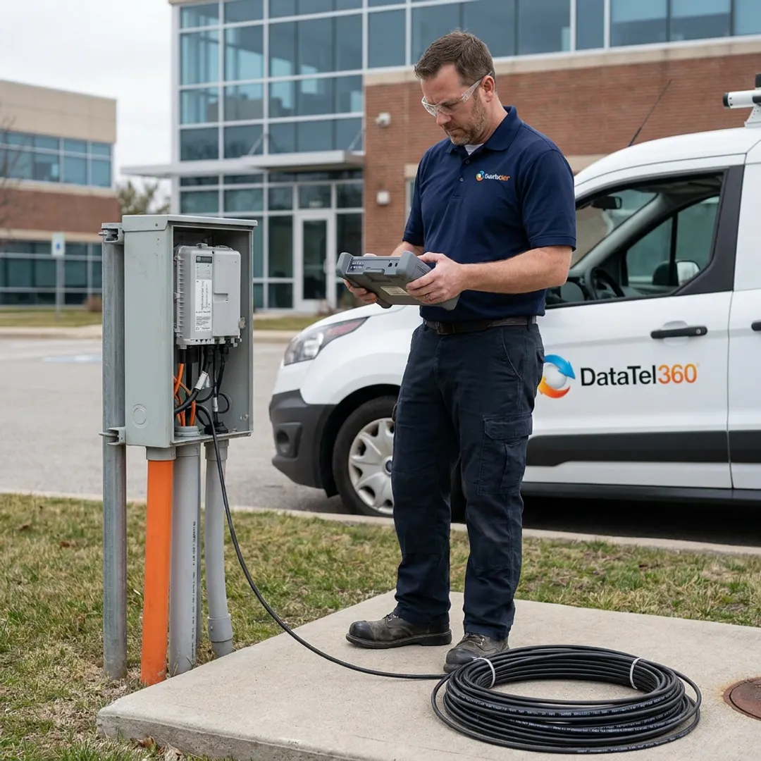 technician testing outdoor fiber optic cabling