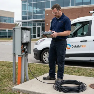 technician testing outdoor fiber optic cabling