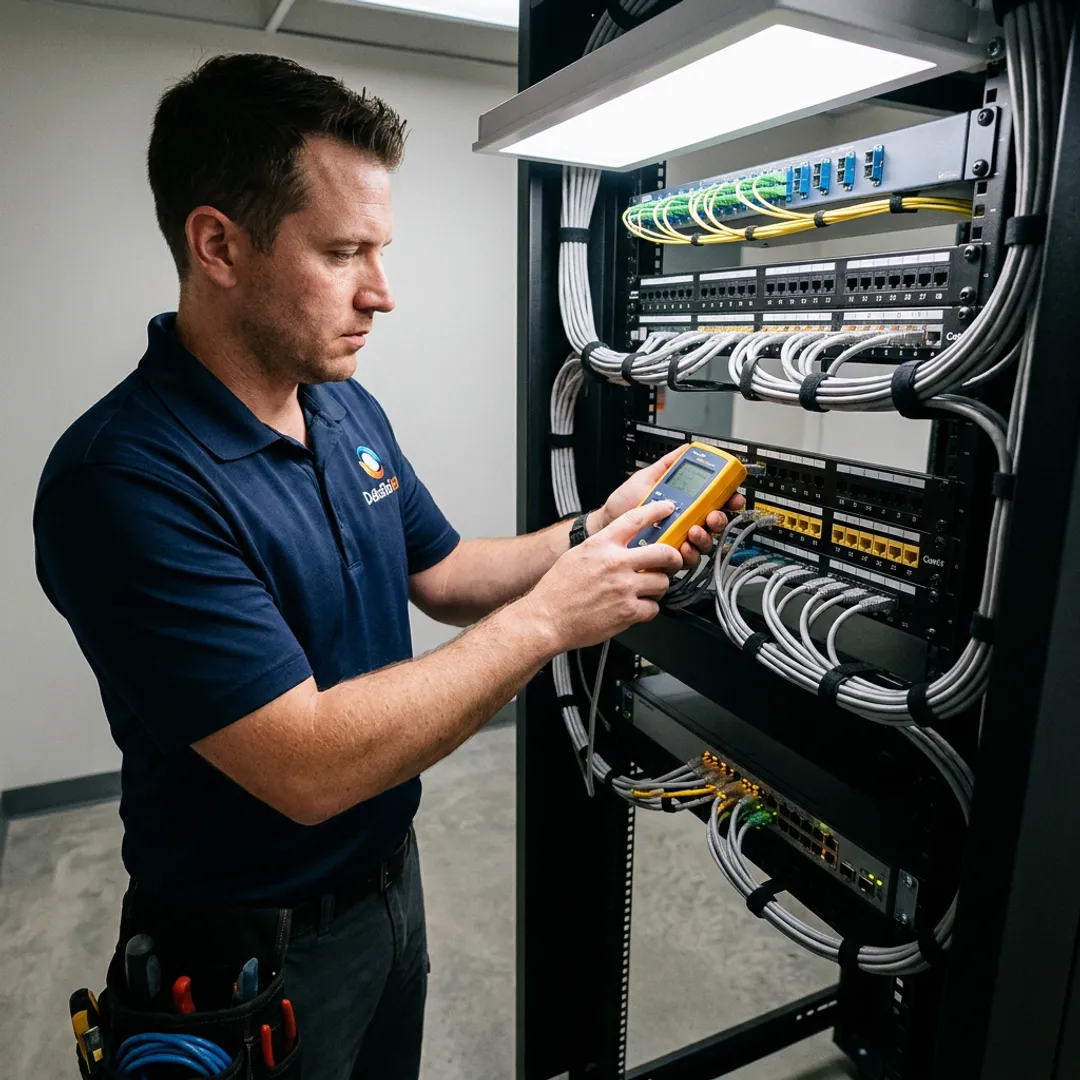 Technician testing labeled low voltage cabling