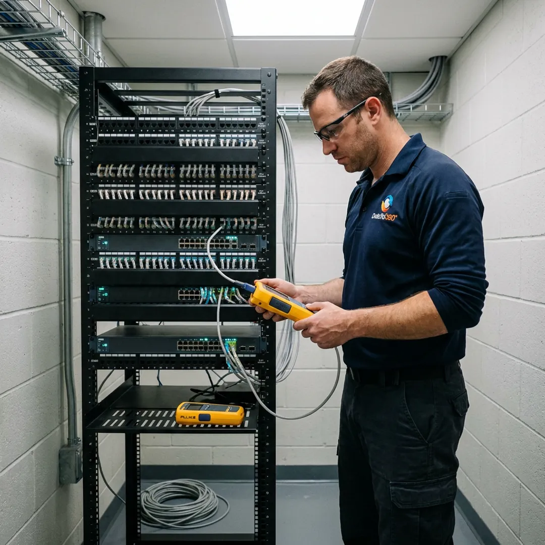 Technician testing structured cabling installation