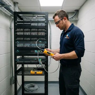 Technician testing structured cabling installation