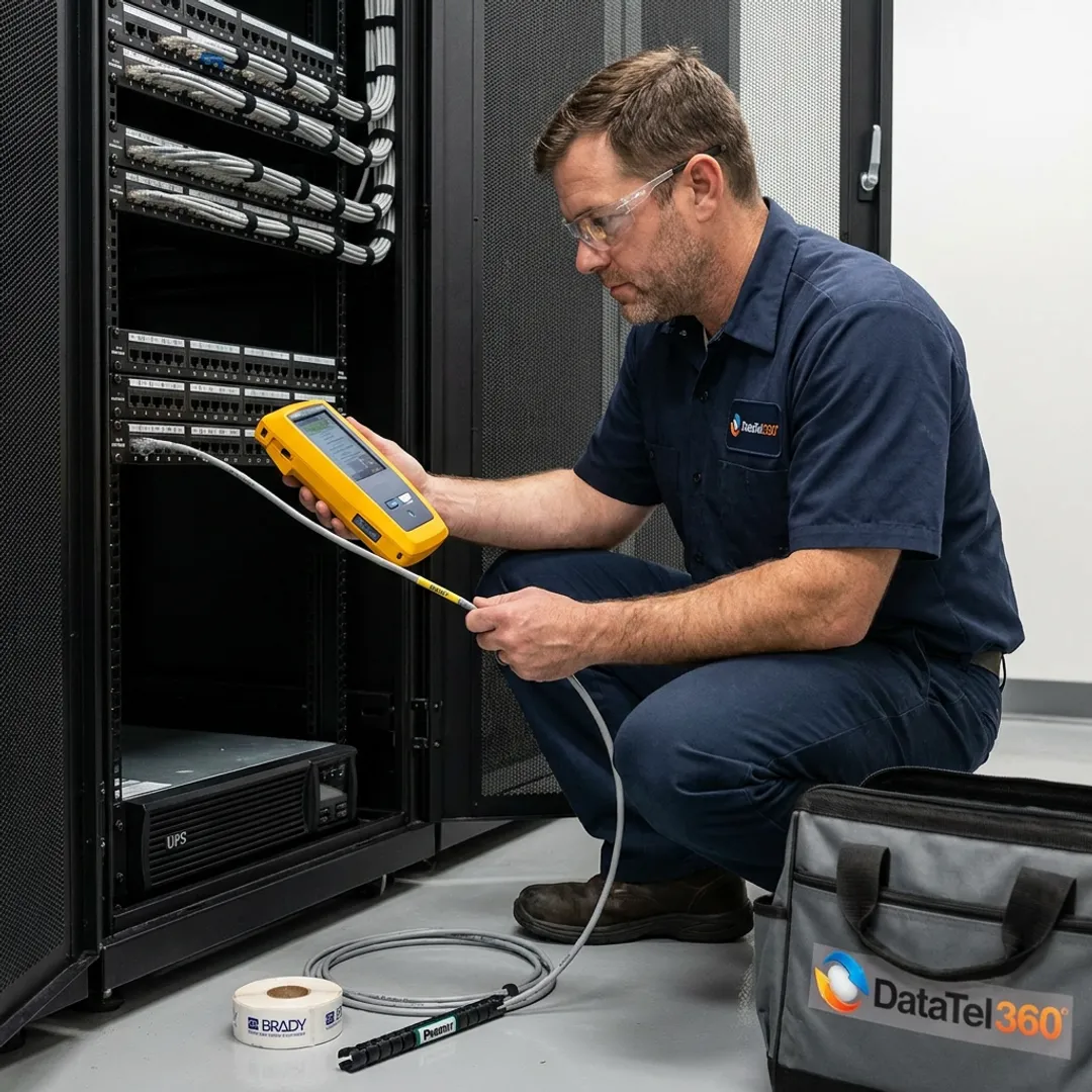 Technician certifying structured network cabling