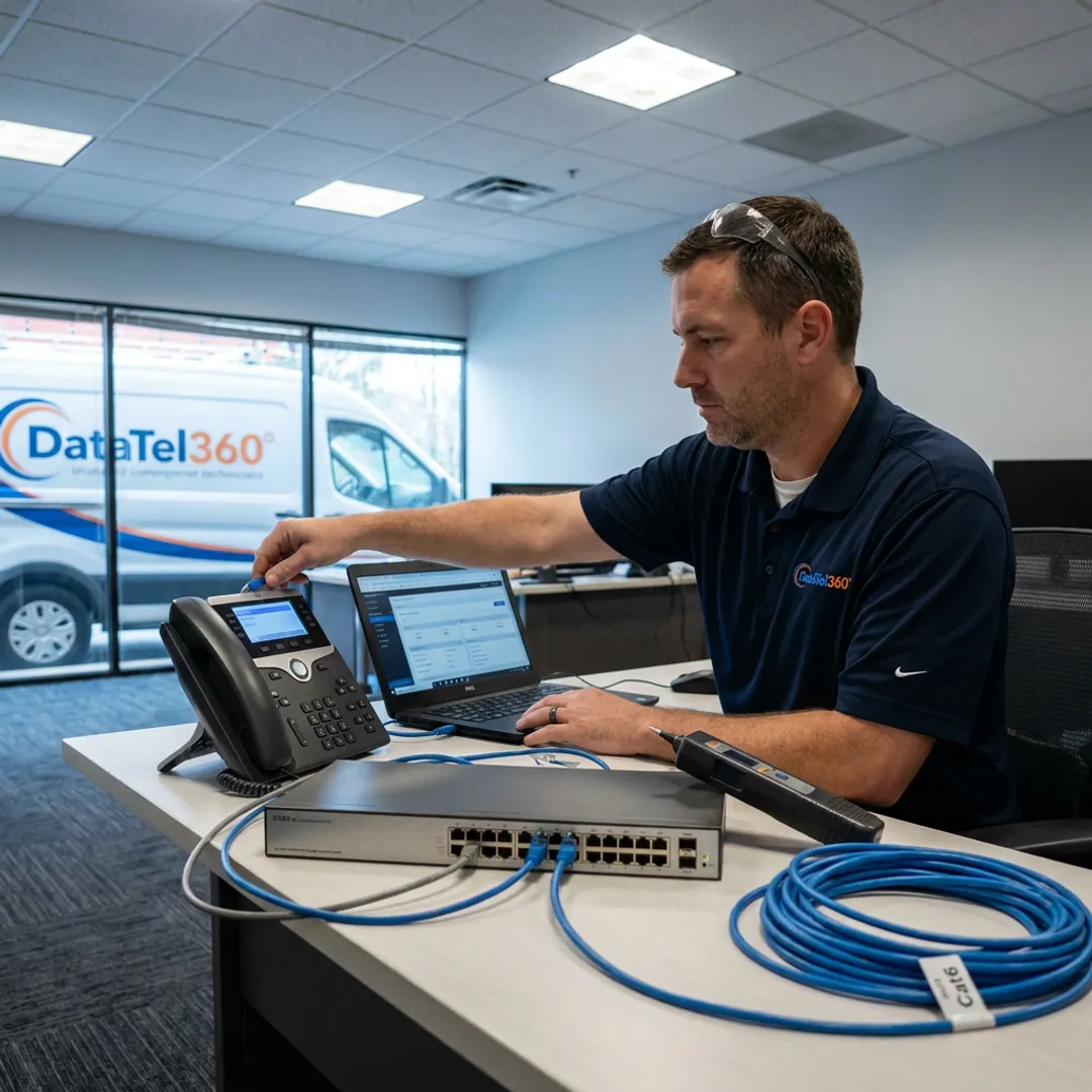 Technician configuring VoIP phones in an office