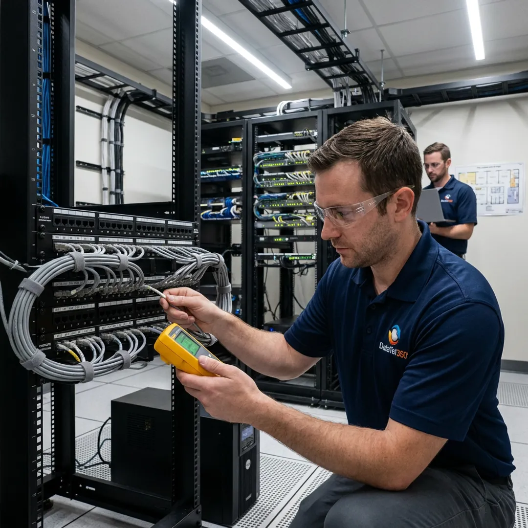 Technician testing structured cabling in a server room