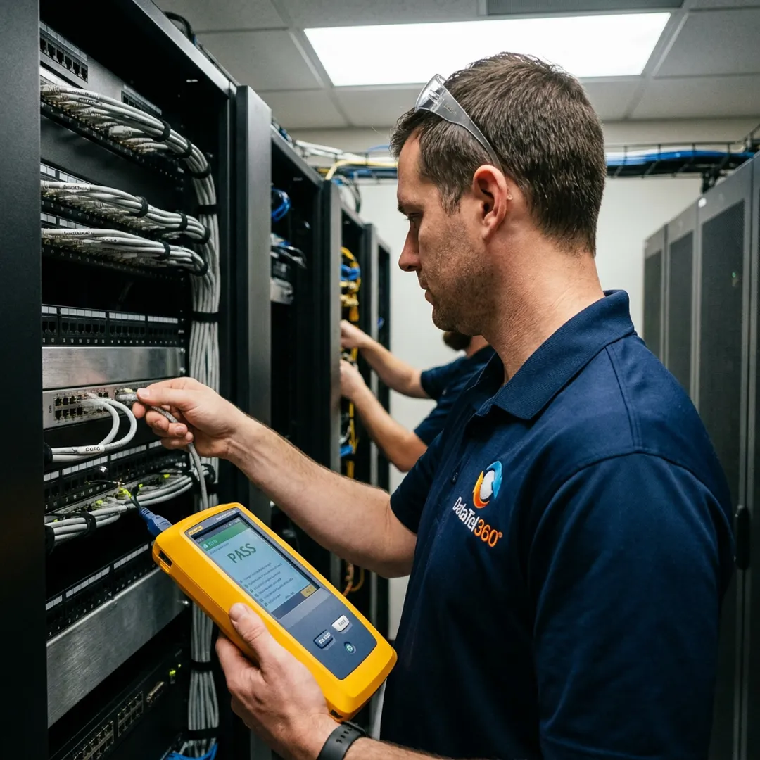 Technician testing commercial network cabling