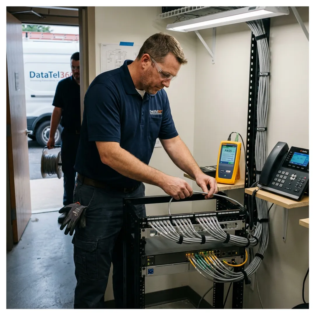 Technician installing VoIP phone system
