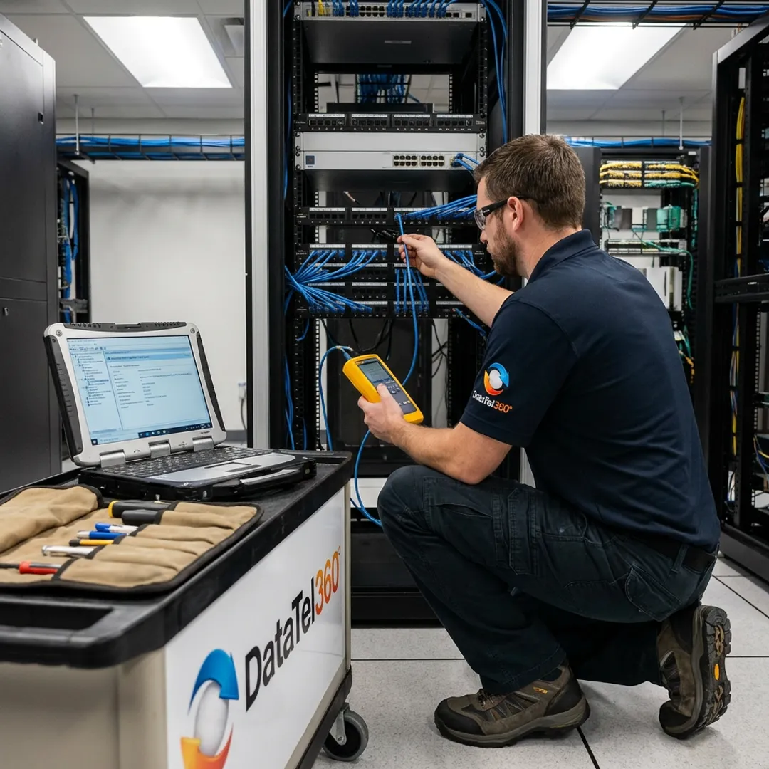 Telecom technician troubleshooting emergency network outage