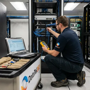 Telecom technician troubleshooting emergency network outage