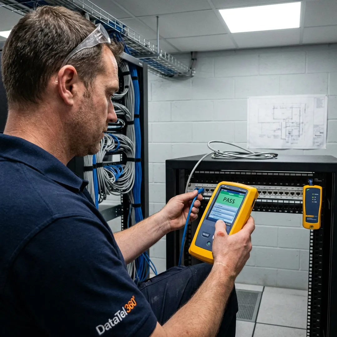 Technician testing structured network cabling in equipment room