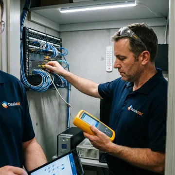 Technician troubleshooting healthcare network equipment