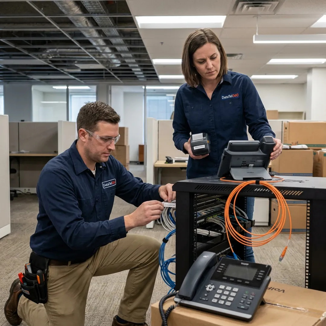 Technicians coordinating an office technology move