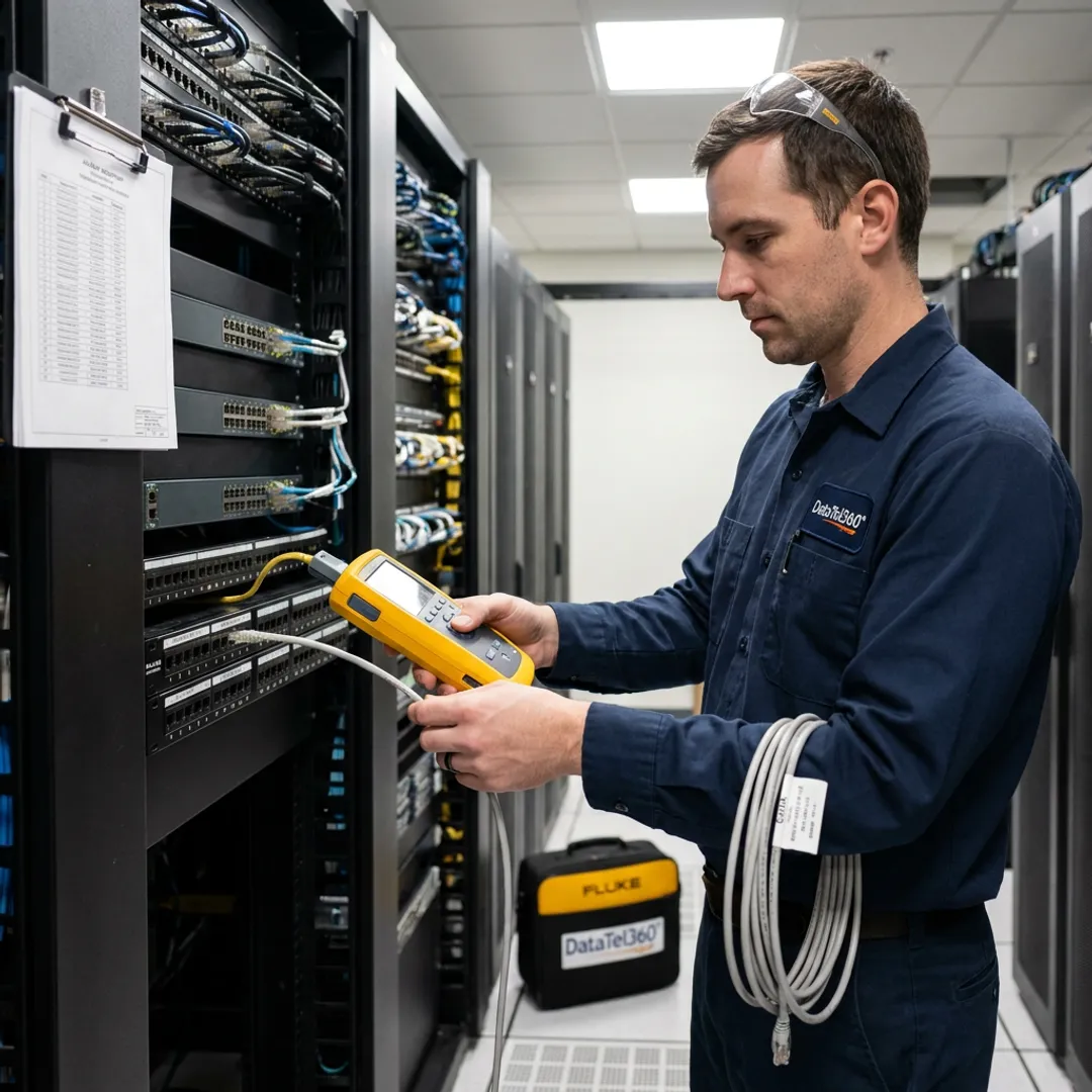 Technician testing commercial network cabling
