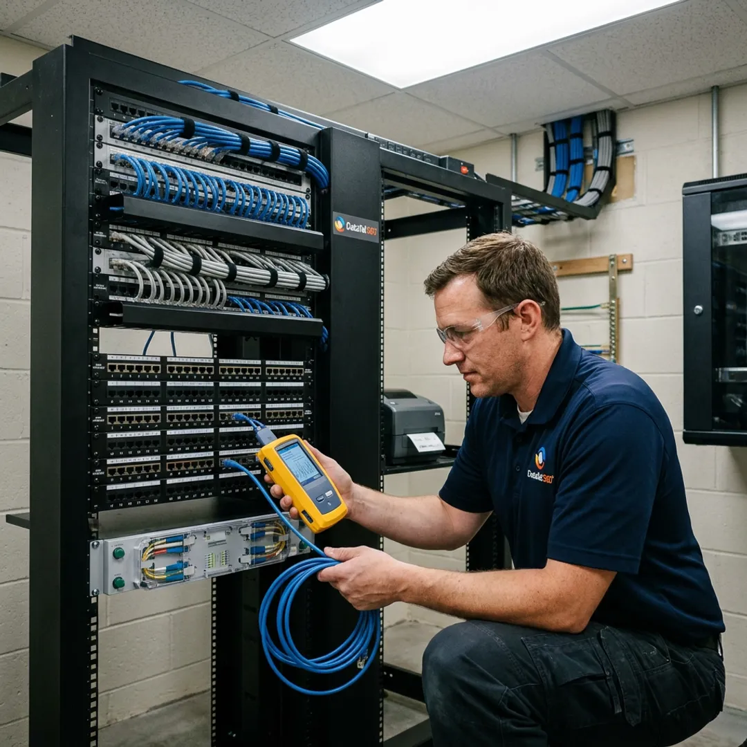 Technician testing labeled network cables