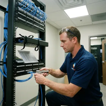 Structured cabling technician working in network rack