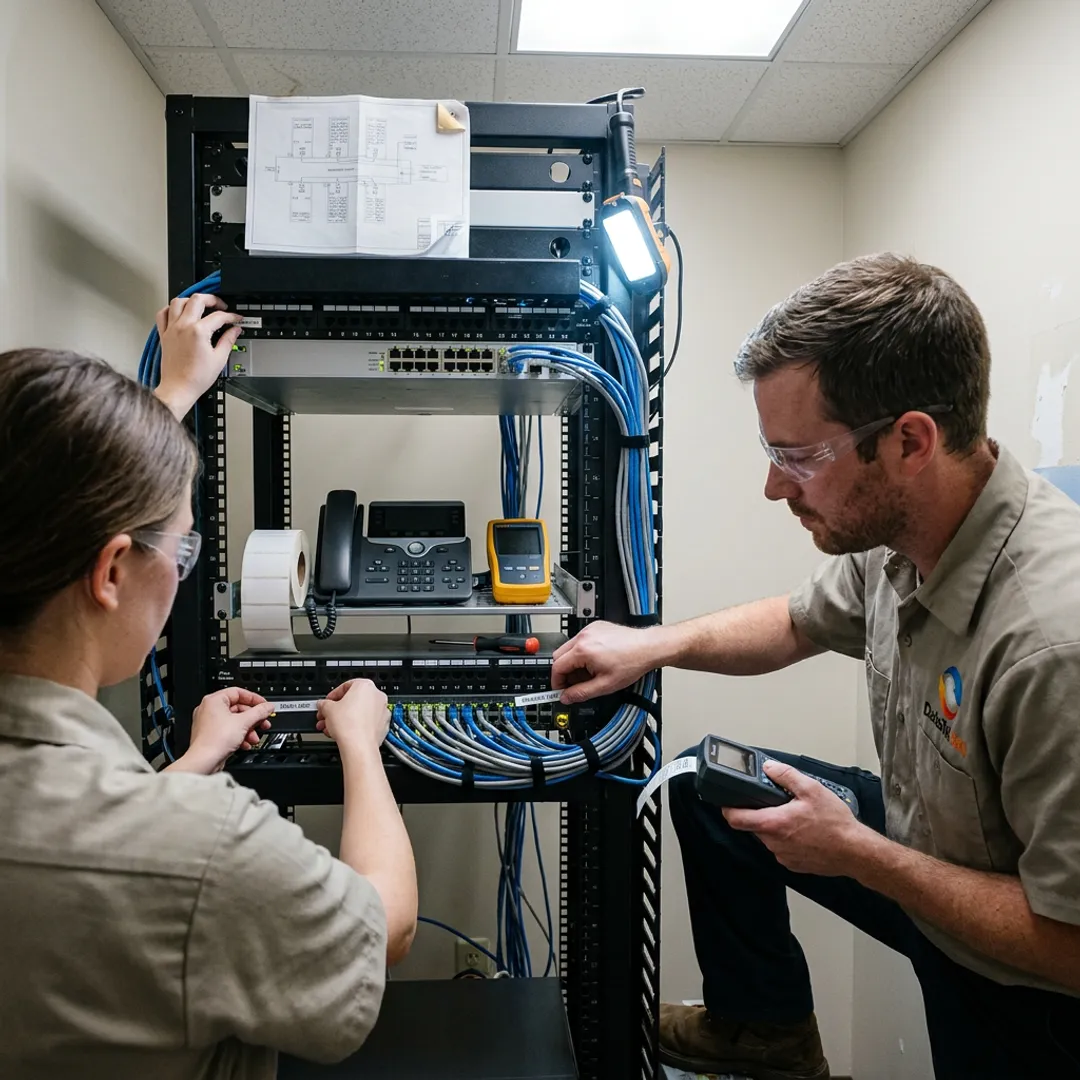 Technicians labeling network equipment during an office move