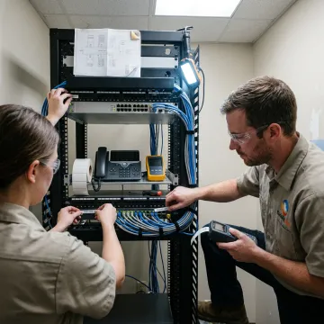 Technicians labeling network equipment during an office move