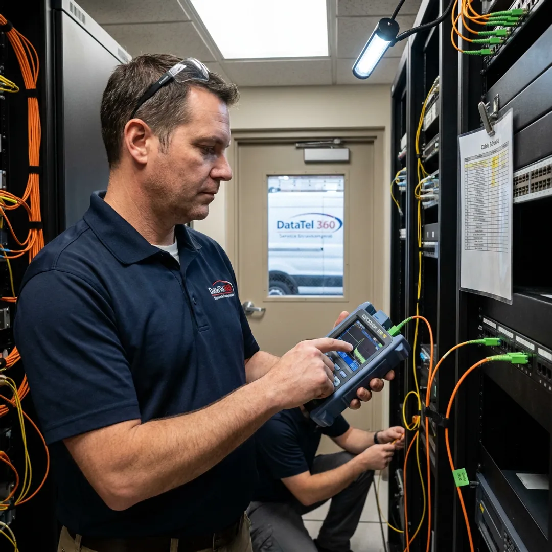 Technician testing fiber optic cable in network room