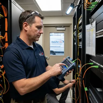 Technician testing fiber optic cable in network room