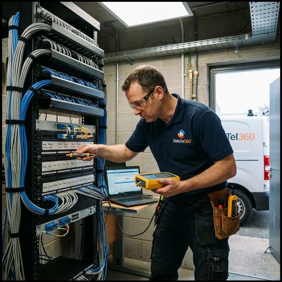 Technician testing labeled network cabling