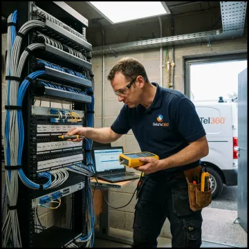 Technician testing labeled network cabling