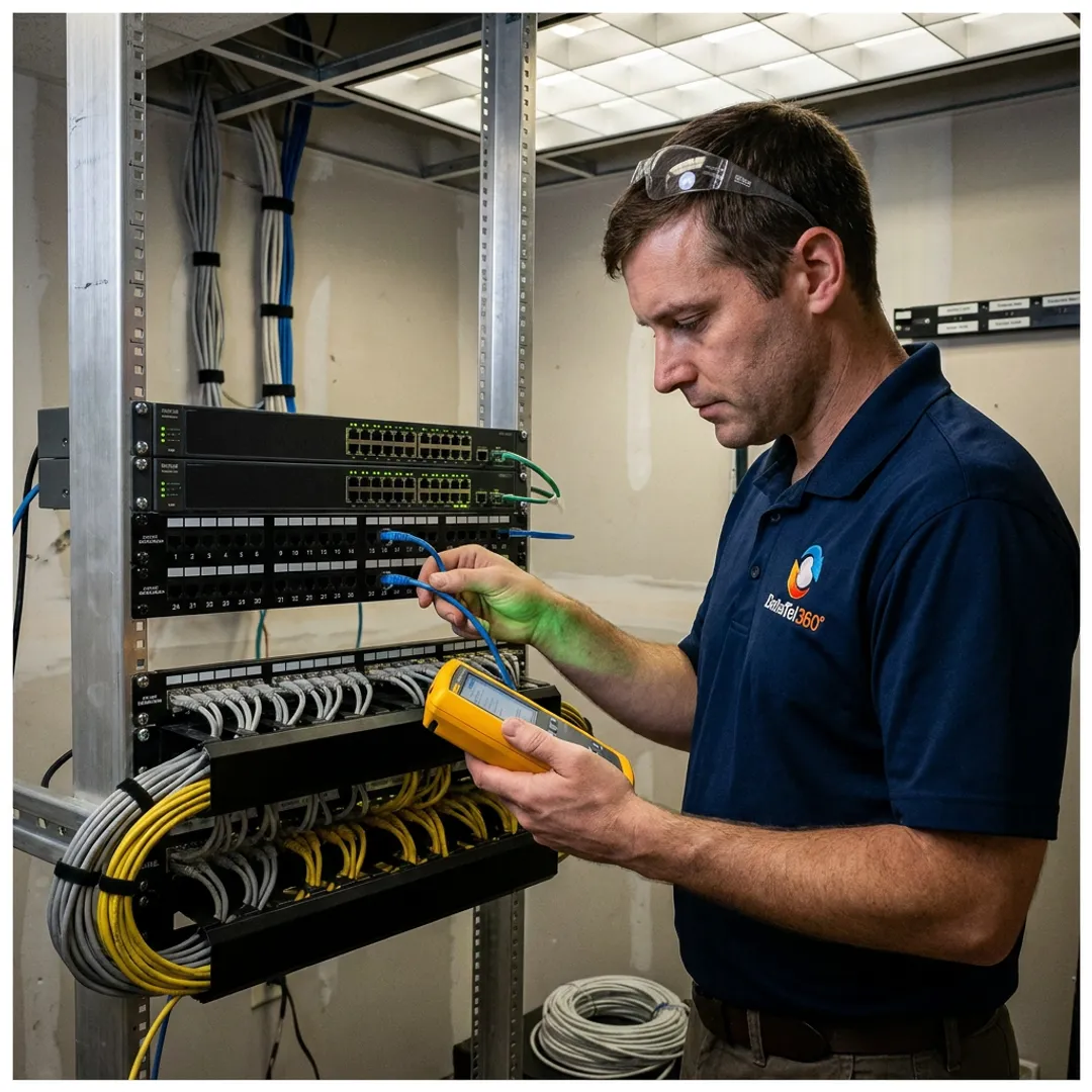 Technician testing structured network cabling