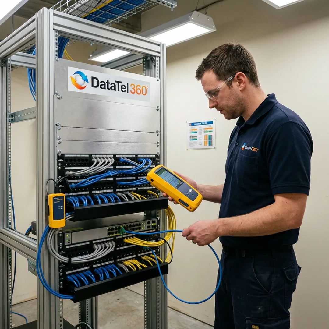 Technician testing low voltage cabling in a commercial network closet