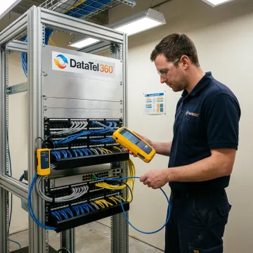 Technician testing low voltage cabling in a commercial network closet