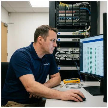 Business internet support engineer monitoring network equipment