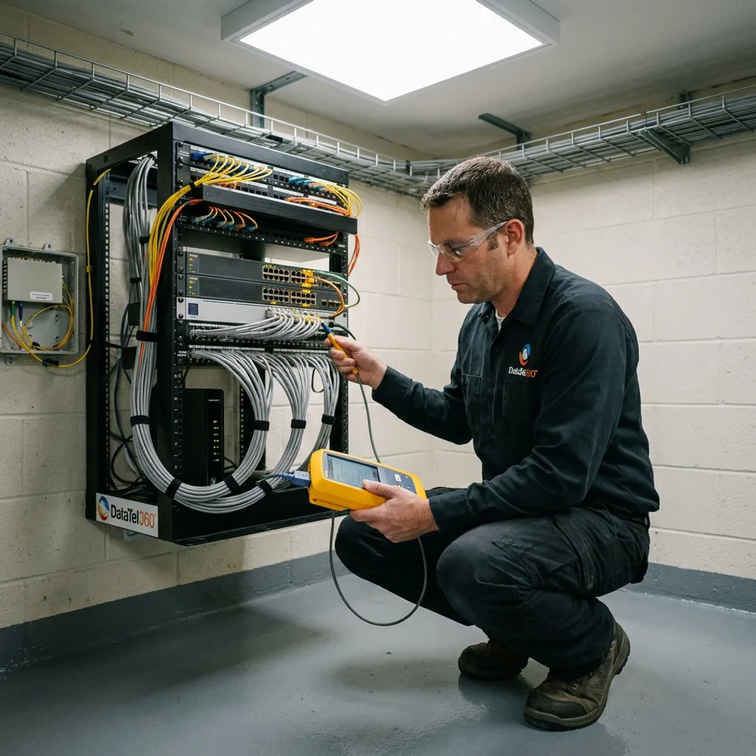 Network engineer testing business internet equipment