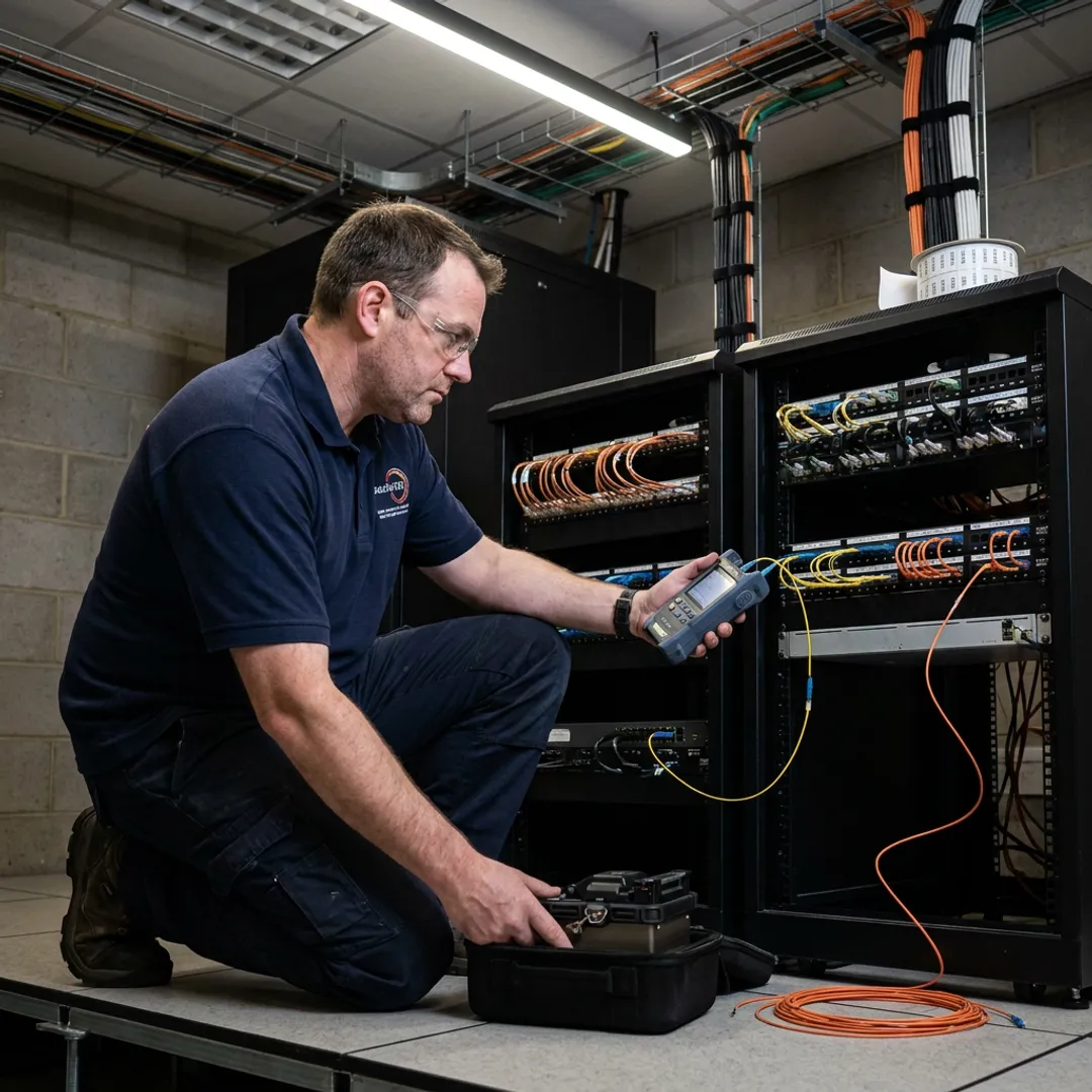 Fiber technician testing network cable