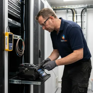 Technician repairing fiber optic cable