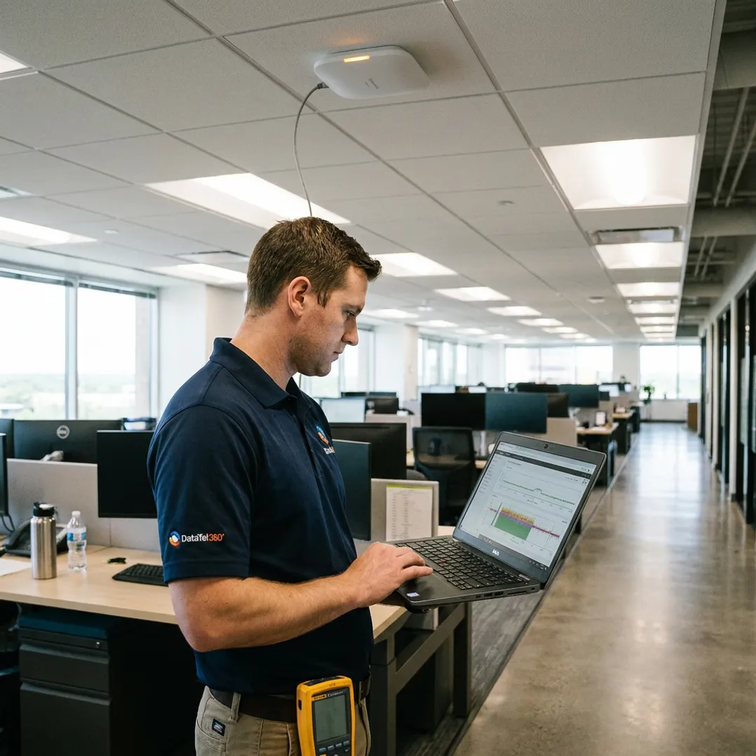 Technician testing office WiFi coverage