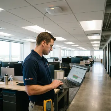 Technician testing office WiFi coverage