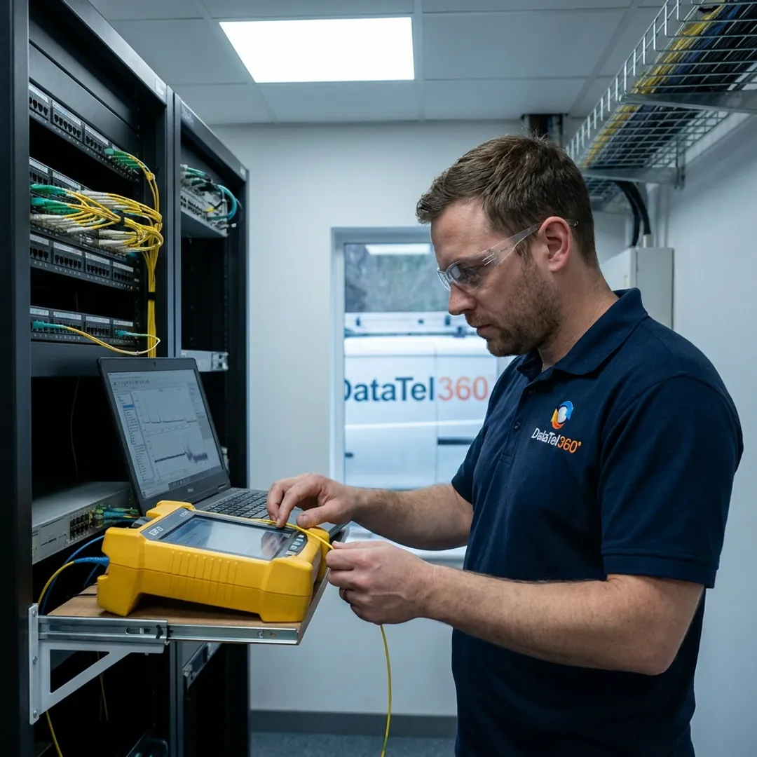 Fiber technician testing network cabling