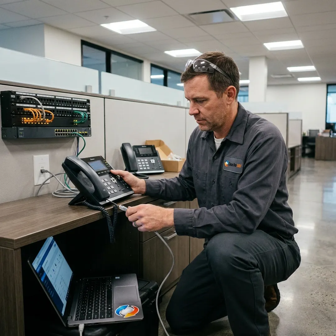 Technician configuring a business VoIP phone system
